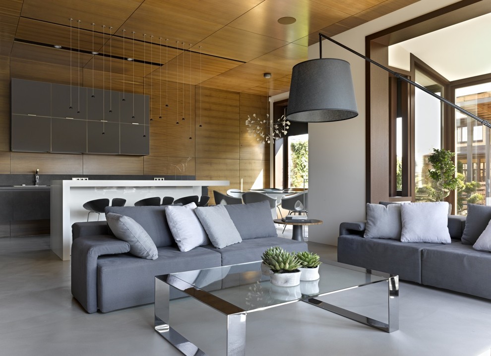 Photo of a contemporary formal open concept living room in Moscow.