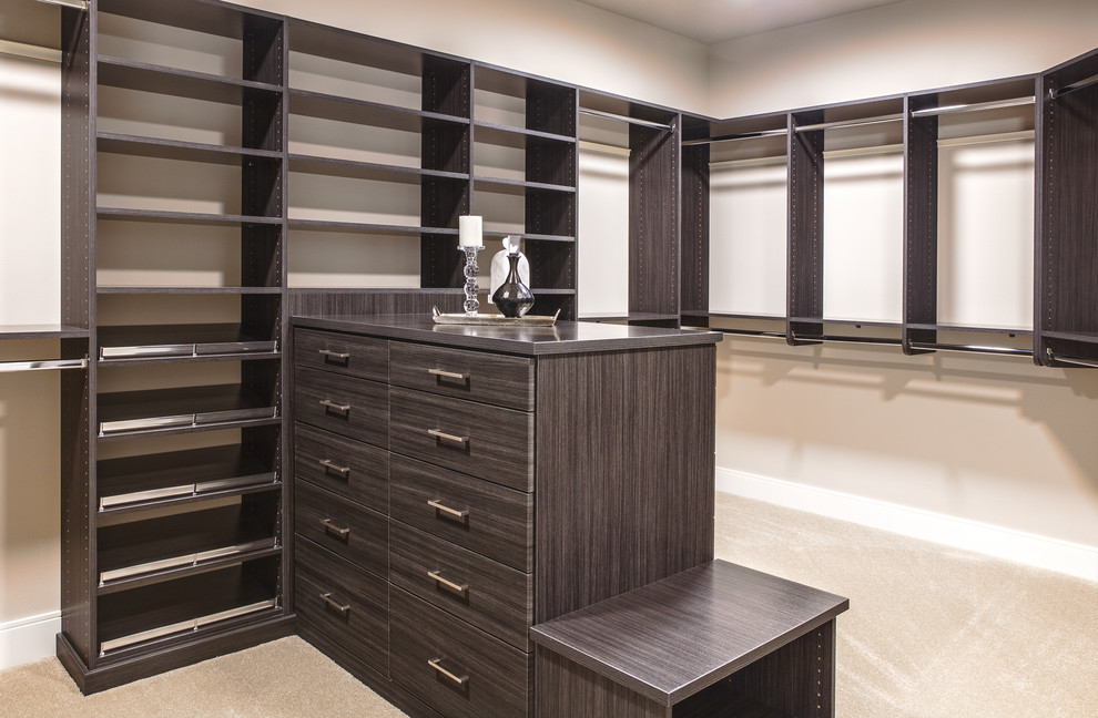 Design ideas for a large contemporary walk-in wardrobe in Seattle with beaded inset cabinets, dark wood cabinets, carpet and beige floor.