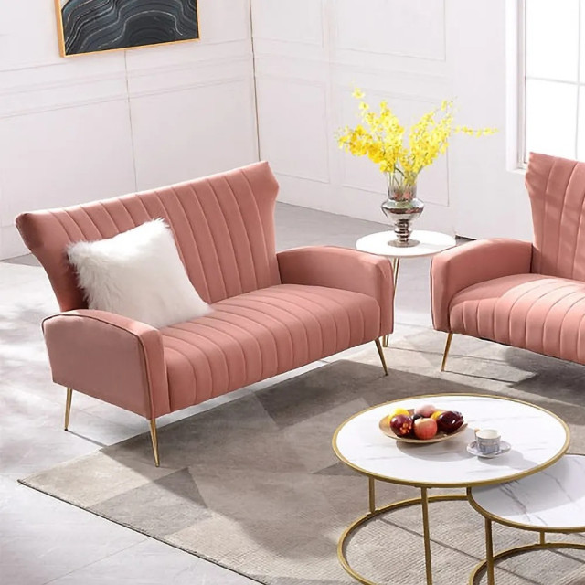 Pink Upholstered Sofa Channel Tufted Wingback Chair Velvet Couch 2