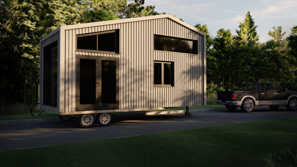 Small minimalist gray one-story metal house exterior photo in Atlanta with a shed roof and a metal roof