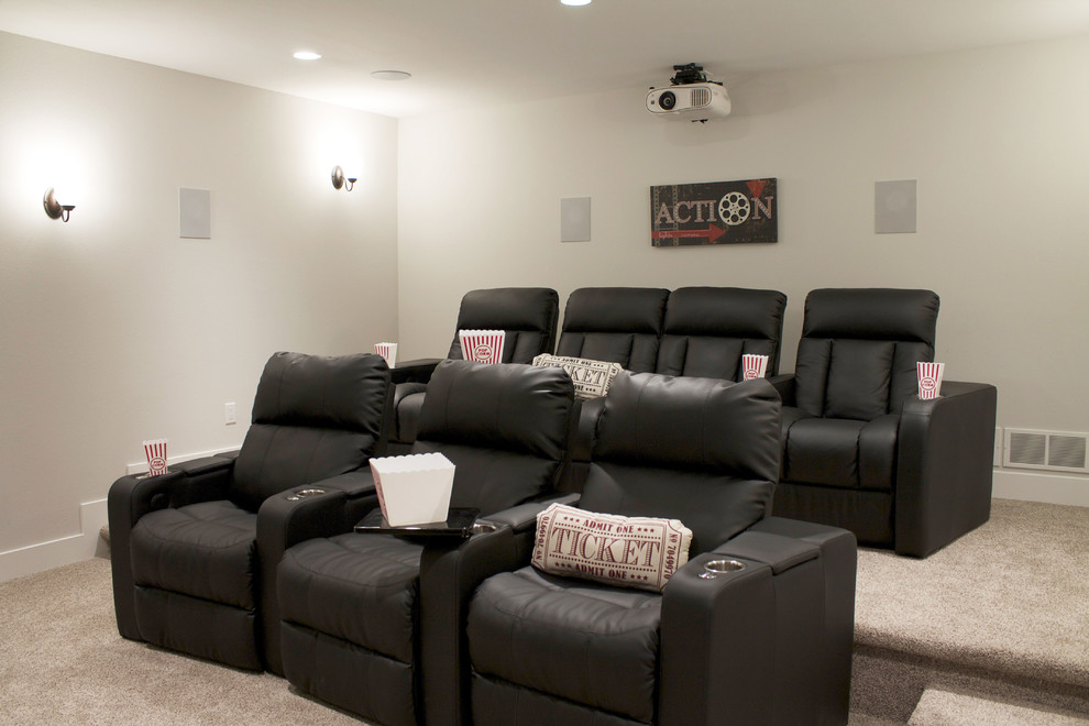 Design ideas for a large country enclosed home theatre in Other with grey walls, carpet and a projector screen.