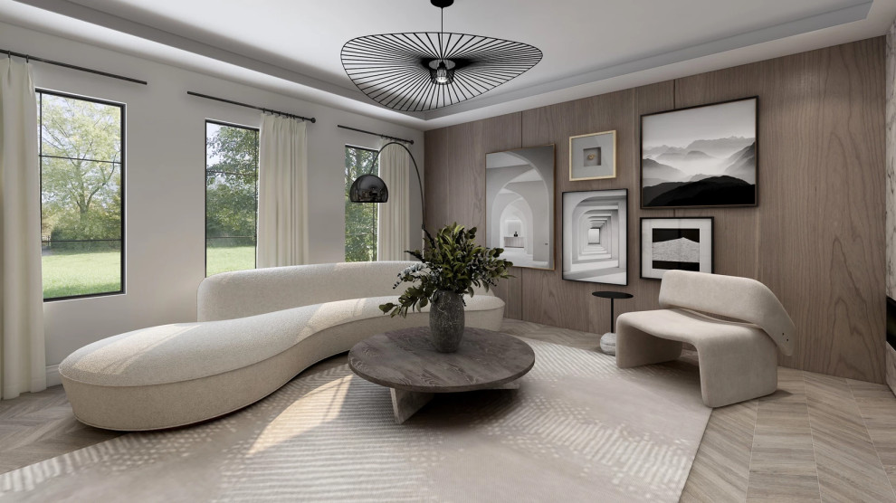 Inspiration for a medium sized scandi formal enclosed living room in New York with light hardwood flooring, beige floors, a drop ceiling, panelled walls, multi-coloured walls, a ribbon fireplace, a stone fireplace surround and a built-in media unit.
