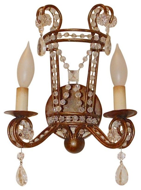 Gilt French Iron & Crystal Wall Sconces - A Pair