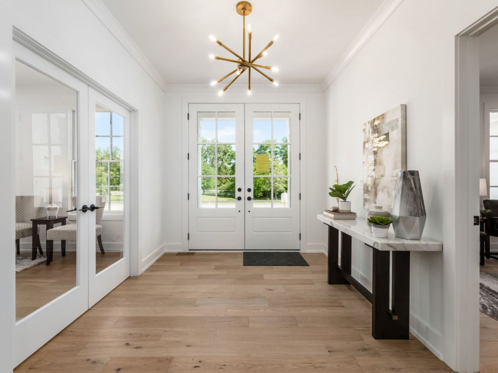 Example of a large transitional light wood floor and brown floor front door design in Columbus with white walls and a white front door