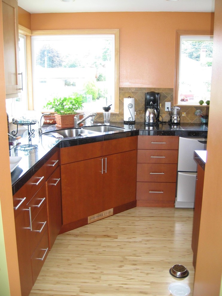 Kitchen photo in Denver with flat-panel cabinets