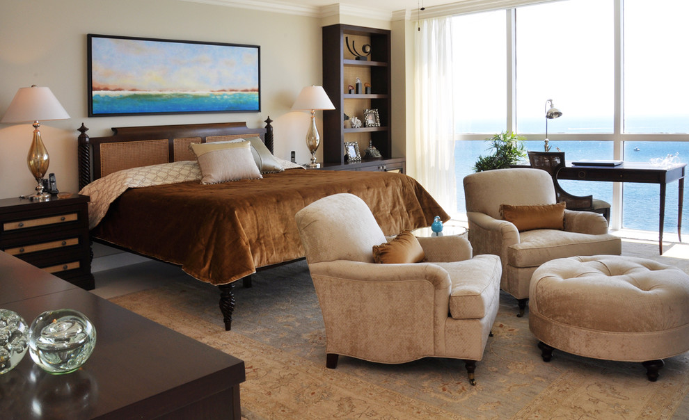 Eclectic bedroom in Miami with beige walls.