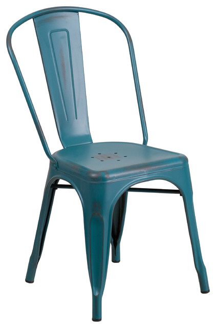Flash Furniture Distressed Metal Chair In Kelly Blue-Teal - Industrial - Outdoor Dining Chairs 