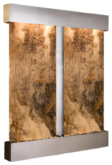 Cottonwood Falls Water Fountain, Magnifico Travertine, Stainless Steel, Square
