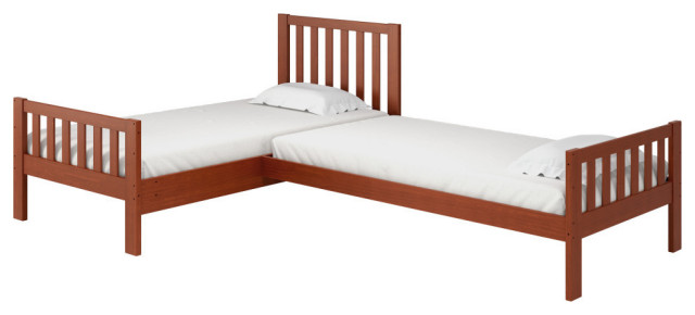 Aurora Corner L-Shaped Twin Wood Bed Set, Chestnut, Chestnut