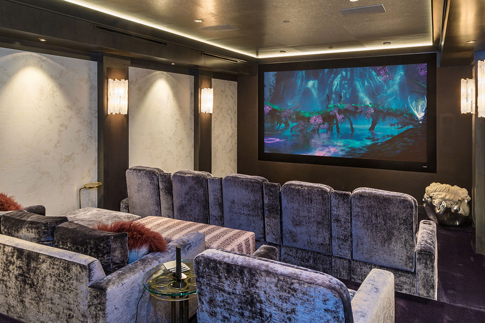 Inspiration for a transitional enclosed home theatre in Indianapolis with white walls and a projector screen.