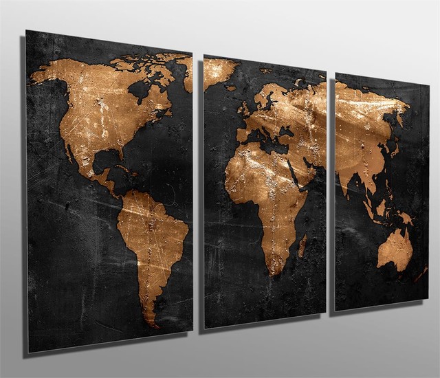 Bronze Black World Map Metal print wall art. 3 Panel split, Triptych HD ...