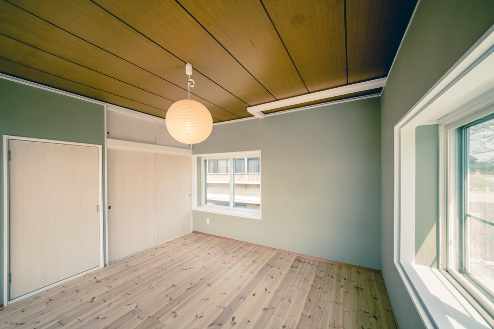 Inspiration for a scandinavian master bedroom in Other with grey walls, light hardwood floors and beige floor.