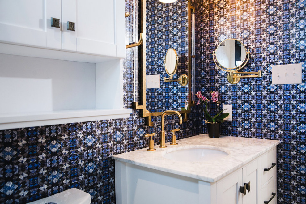 Eclectic bathroom in Austin with a walk-in shower, black and white tiles, a shower bench and wallpapered walls.