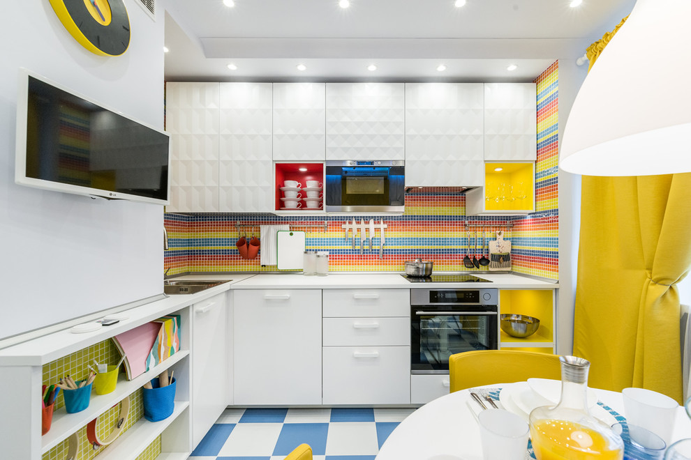 This is an example of a mid-sized contemporary l-shaped eat-in kitchen in Moscow with a double-bowl sink, recessed-panel cabinets, white cabinets, laminate benchtops, multi-coloured splashback, stainless steel appliances, ceramic floors, no island and mosaic tile splashback.