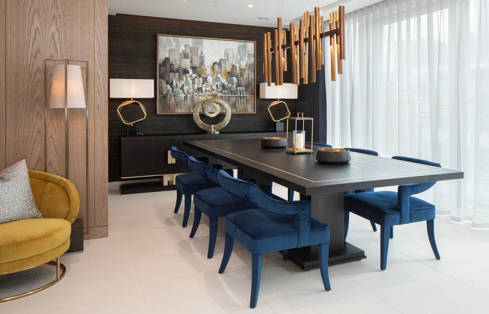 Photo of a contemporary open plan dining in London with white floor, wallpaper and wood walls.
