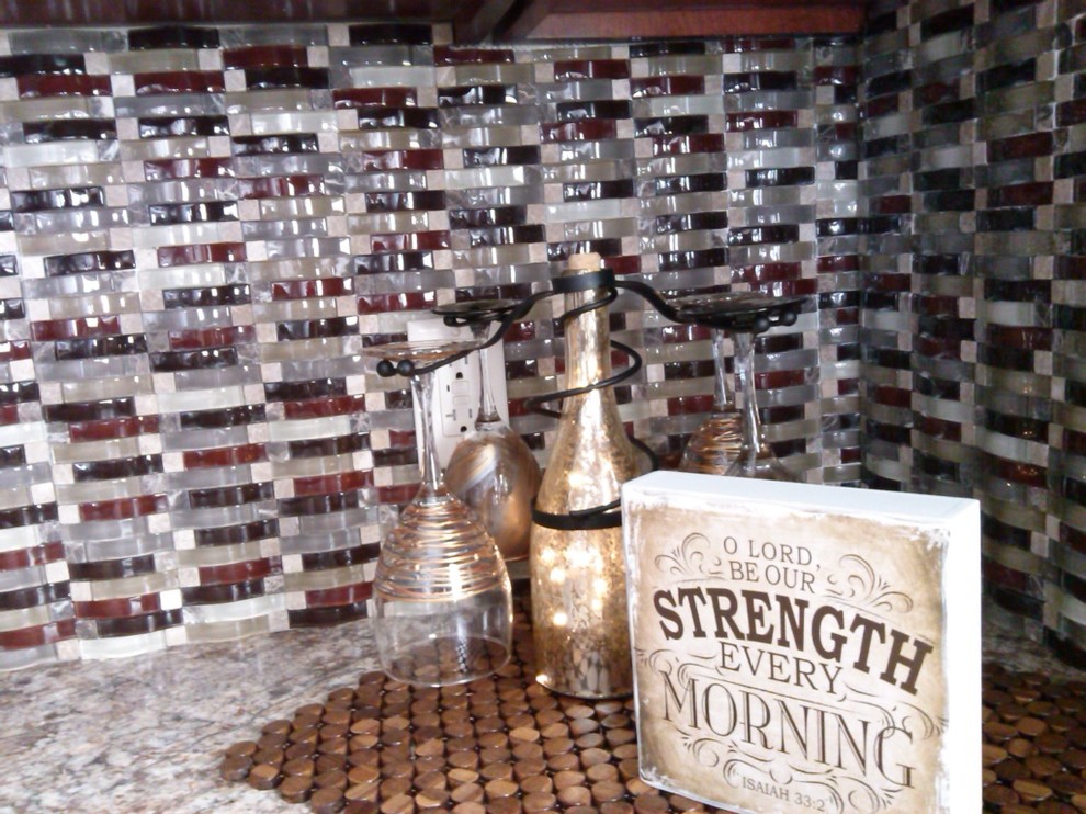 Inspiration for a rustic kitchen remodel with granite countertops, multicolored backsplash and matchstick tile backsplash