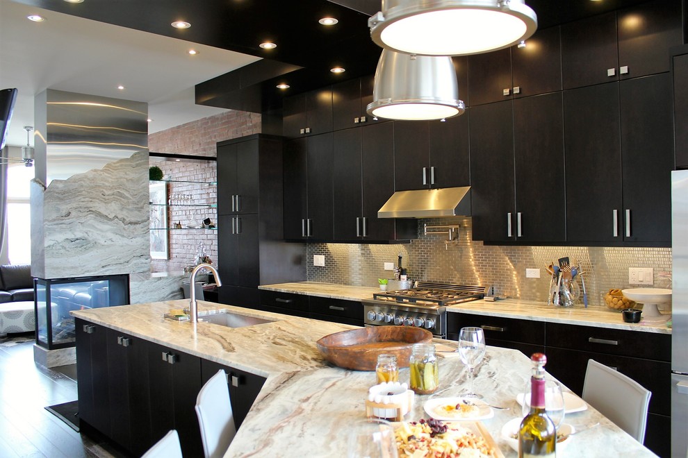 Inspiration for a large modern kitchen in Ottawa with an undermount sink, flat-panel cabinets, dark wood cabinets, metal splashback, stainless steel appliances, dark hardwood floors, with island, brown floor and multi-coloured benchtop.