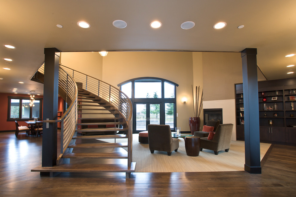 This is an example of a large modern wood floating staircase in Seattle with open risers.