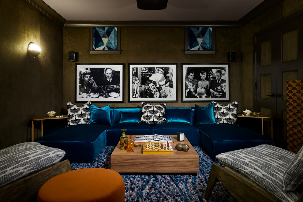 Example of a trendy carpeted and blue floor home theater design in Chicago with brown walls
