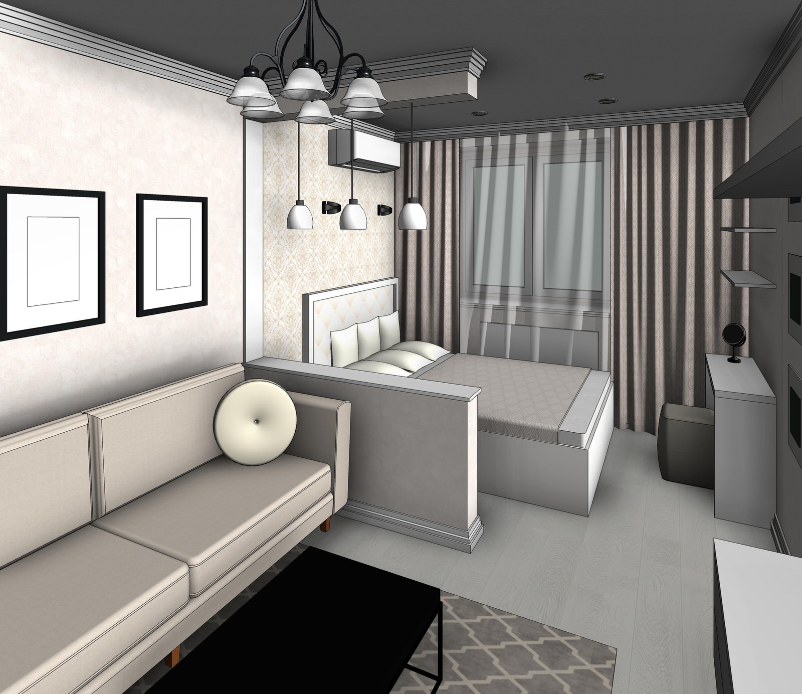 Эскизная визуализация проекта квартиры для молодой пары