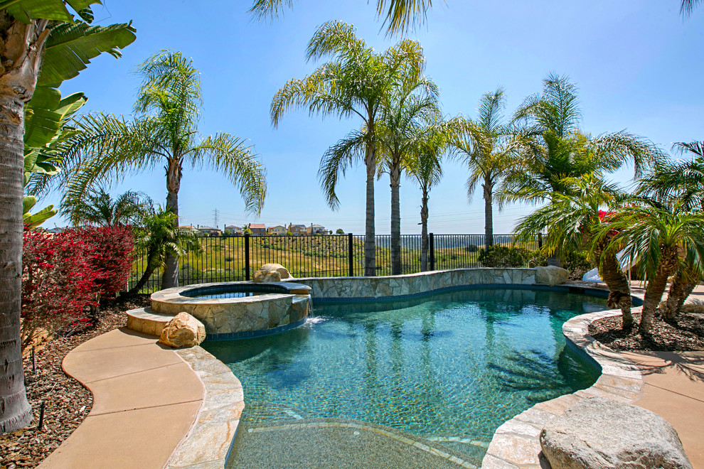 This is an example of a large transitional backyard custom-shaped pool in San Diego with a water slide and natural stone pavers.