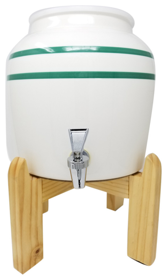 Premium Porcelain Water Crock Dispenser With Wood Stand Contemporary