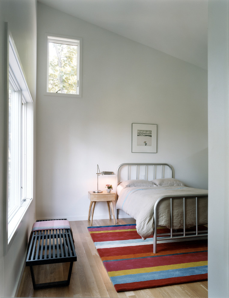 Design ideas for a mid-sized contemporary guest bedroom in Philadelphia with white walls, medium hardwood floors and no fireplace.