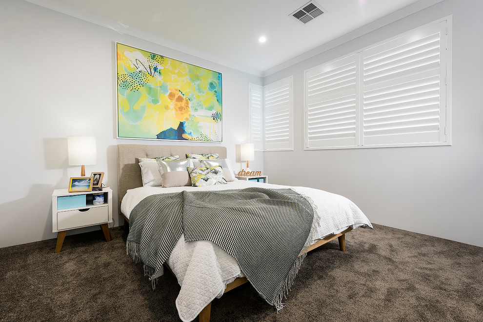 Design ideas for a mid-sized contemporary guest bedroom in Perth with white walls and carpet.