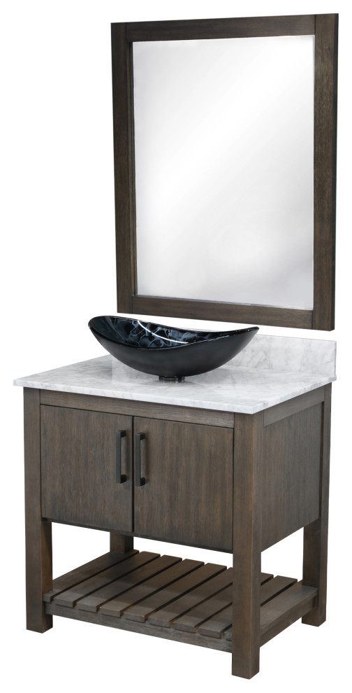 30" Vanity, Carrara White Marble Top, Backsplash, Sink, Drain, and P-Trap, Matte Black, Mirror Included