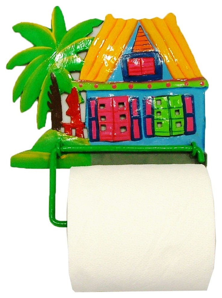 Tiki Hut Palm Bath Toilet Paper TP Holder or Hand Towel Bar Haitian Metal Art