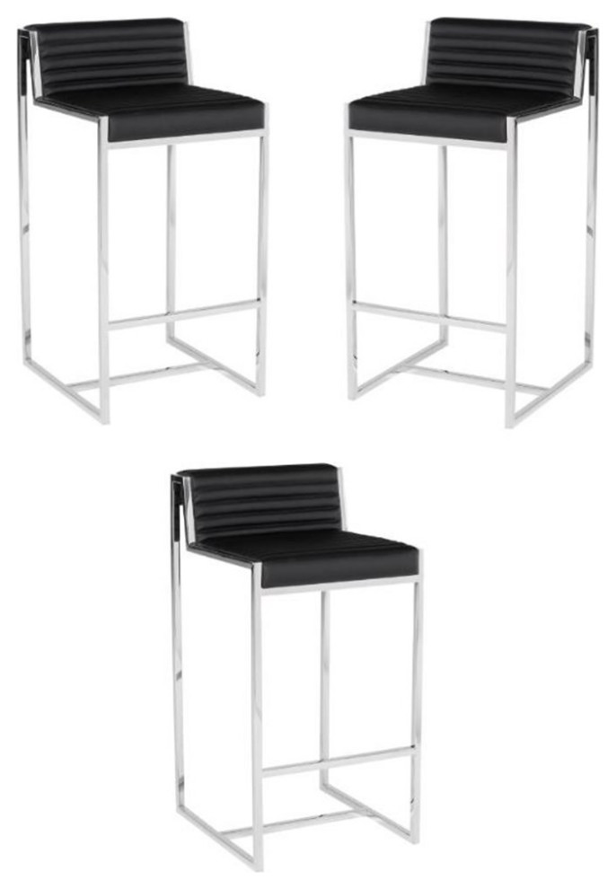 Home Square Zola 30" Leather Bar Stool in Black and Silver Set of 3