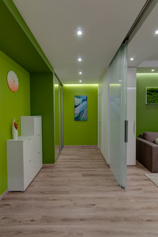 Идея дизайна: прихожая в современном стиле с зелеными стенами, одностворчатой входной дверью и белой входной дверью