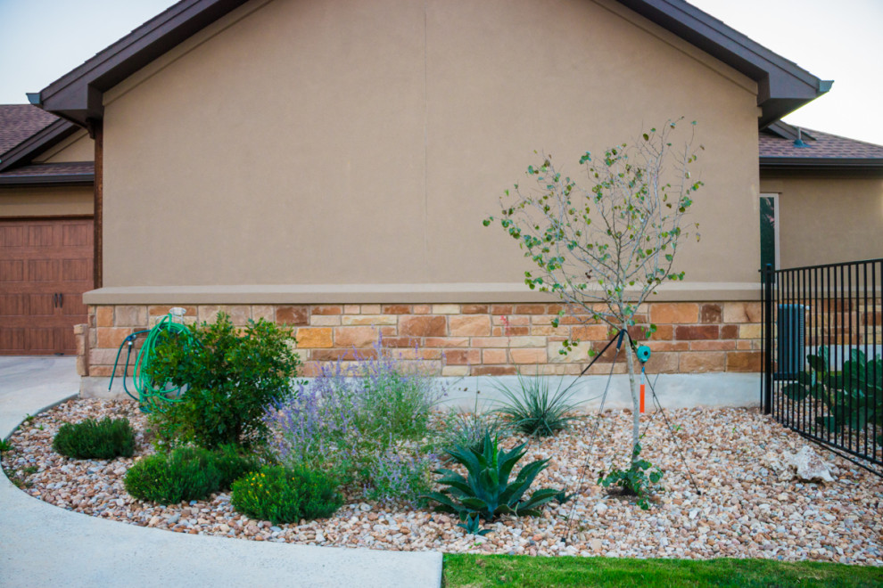 Photo of a mid-sized and desert look traditional front yard full sun xeriscape for summer in Austin with river rock.