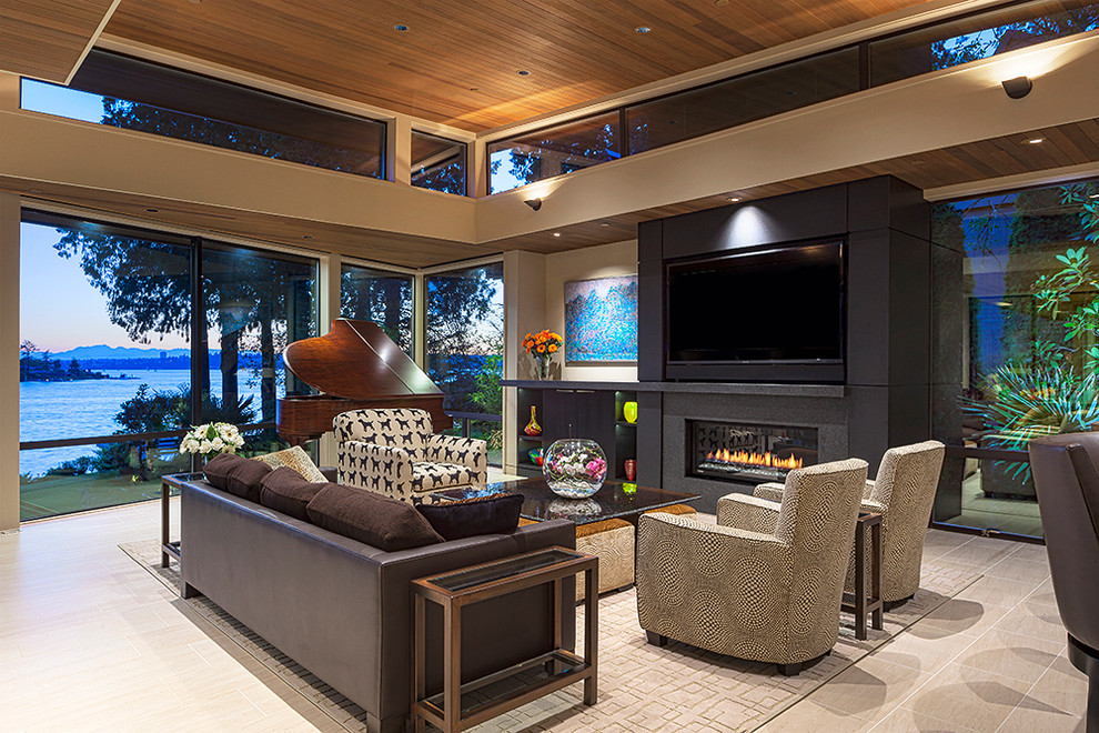 Photo of a contemporary family room in Seattle with a music area and a ribbon fireplace.