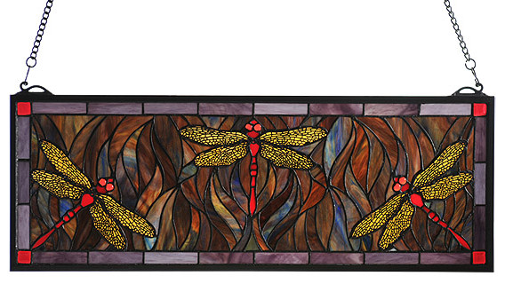28W X 10H Tiffany Dragonfly Trio Stained Glass Window