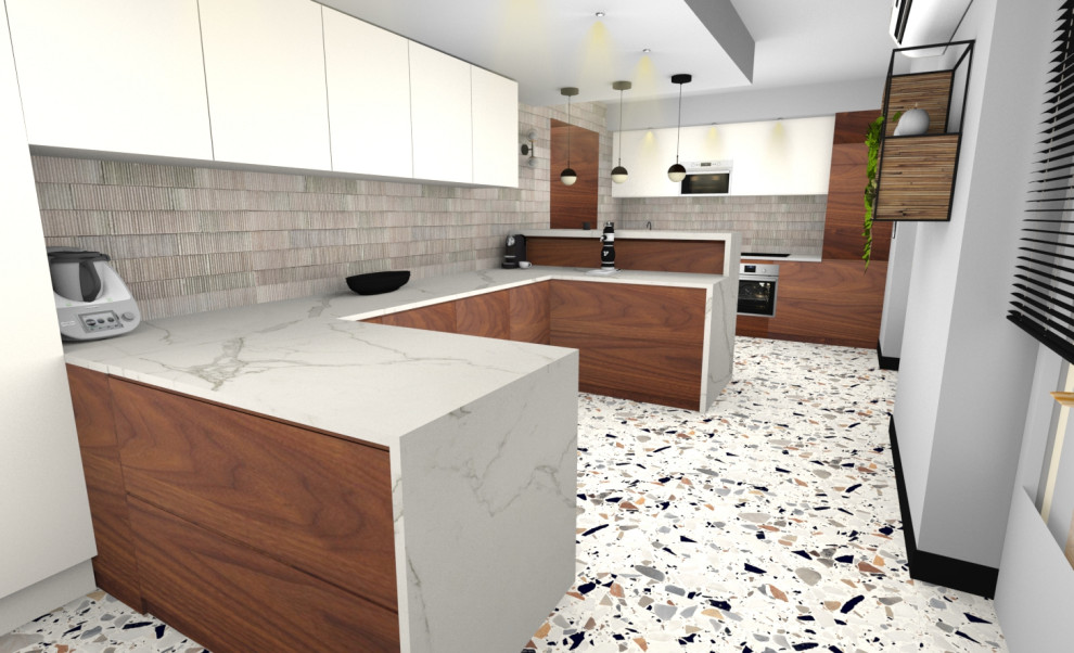 Idée de décoration pour une grande cuisine minimaliste en U fermée avec plan de travail en marbre, un sol en terrazzo, une péninsule, un sol blanc et un plan de travail blanc.