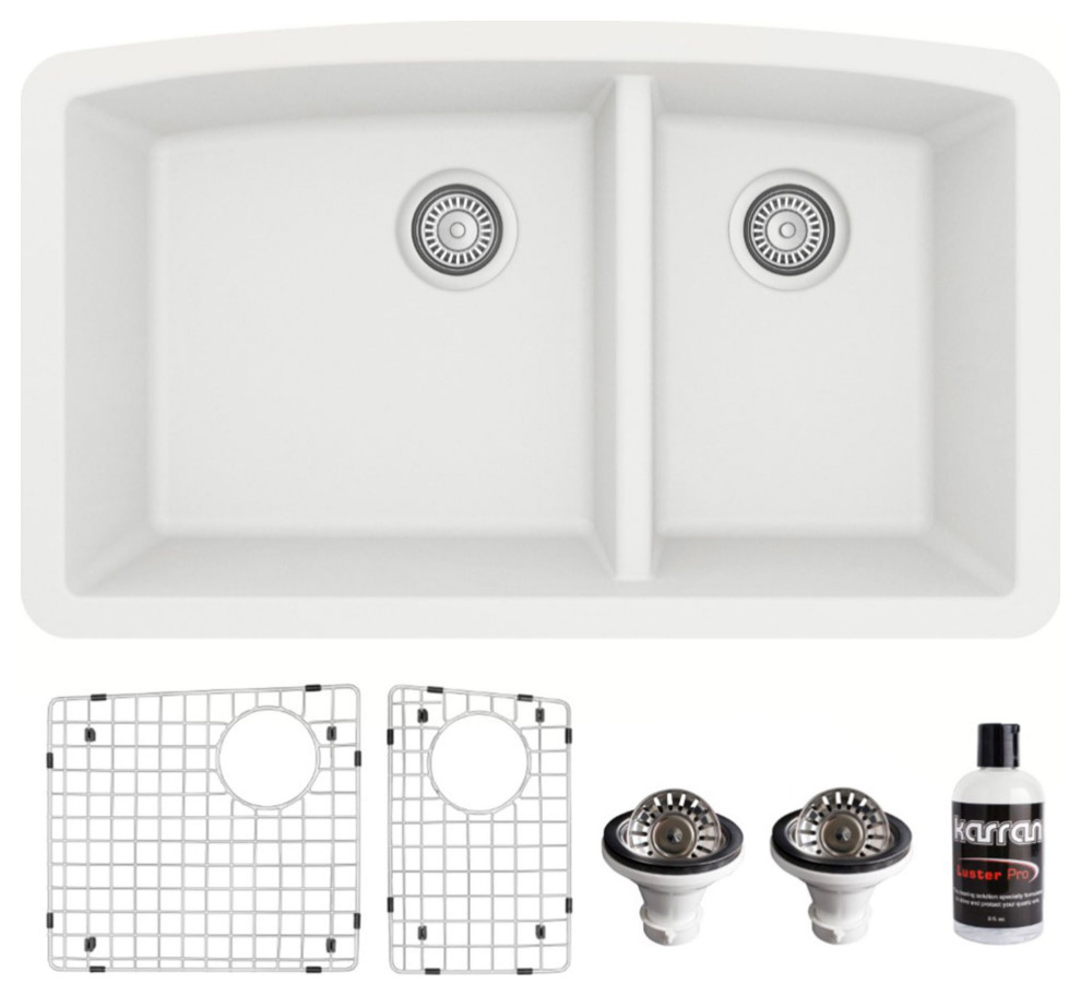 Karran Undermount Quartz 32" 60/40 Double Bowl Kitchen Sink Kit, White