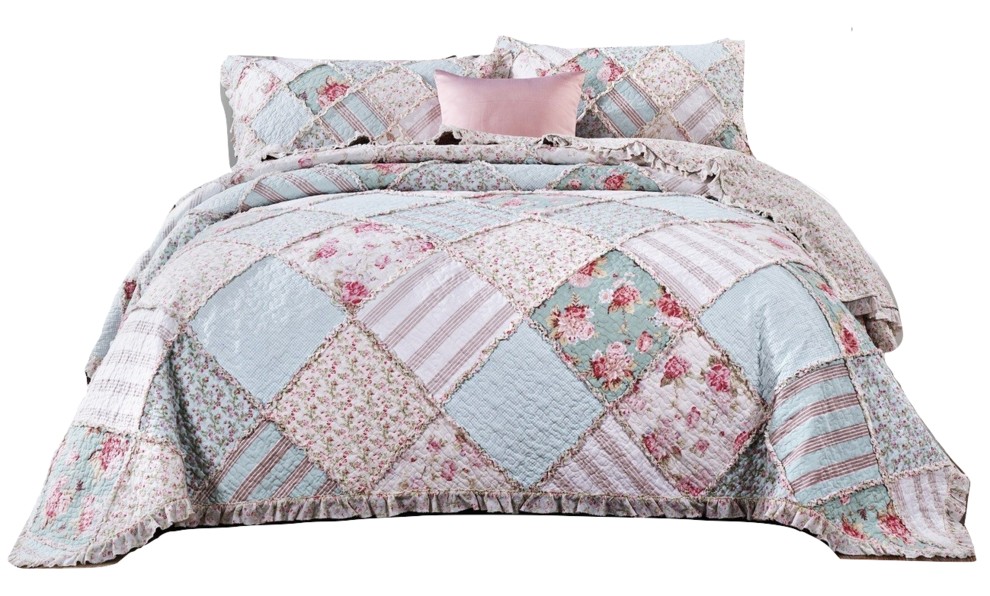 Blue Green Pastel Floral Cotton Patchwork Ruffle Quilted Bedspread 