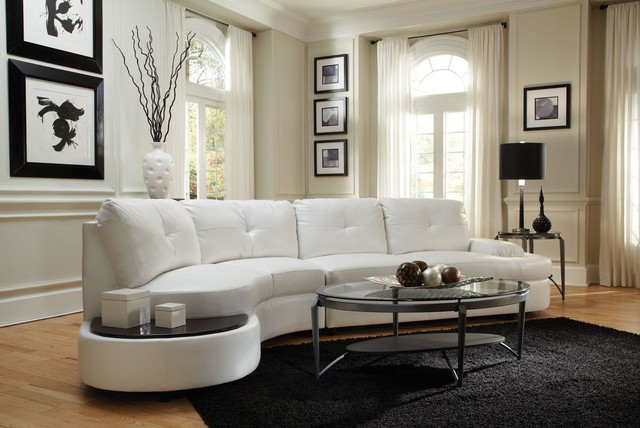Coaster White Leather Sectional Sofa Build-in Table Modern Living Room