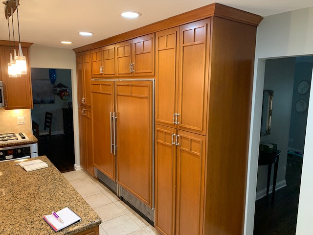 Kitchen - transitional kitchen idea in Chicago with quartz countertops and an island
