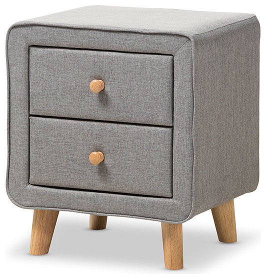 Jonesy Beige Linen Upholstered 2Drawer Nightstand Midcentury