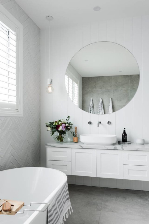 Farmhouse Bathroom with Shiplap Backsplash