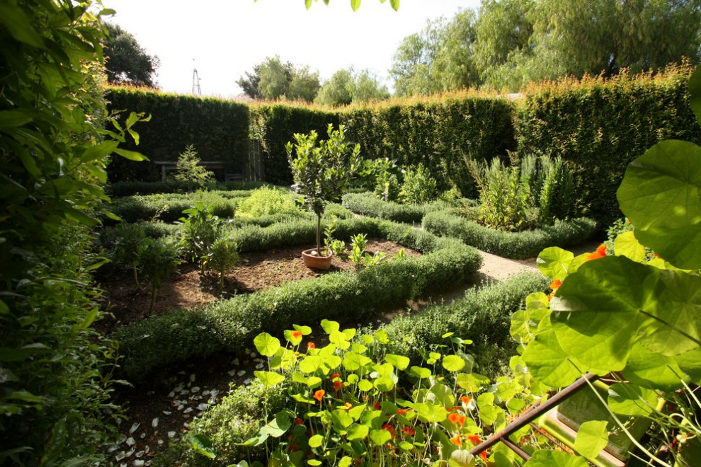 Inspiration för en formell trädgård längs med huset, med en köksträdgård