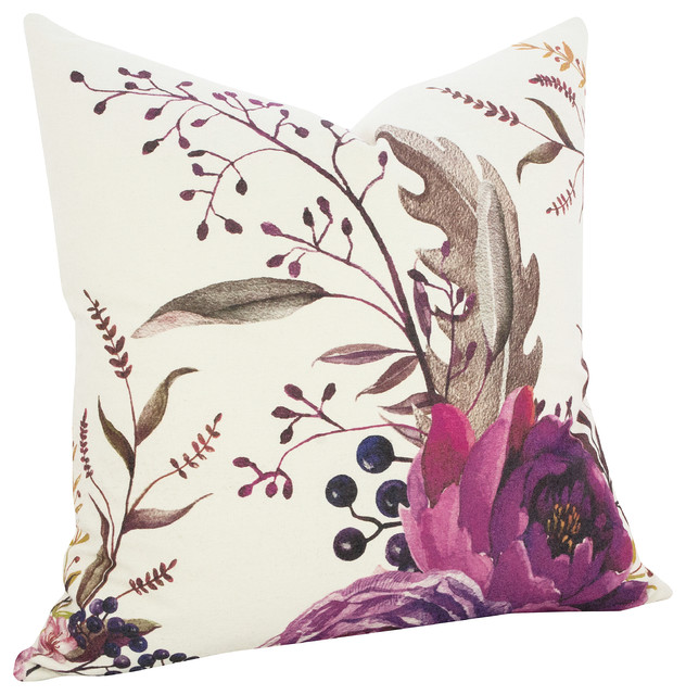 Purple Floral Cotton Pillow, 18"x18" Contemporary Decorative