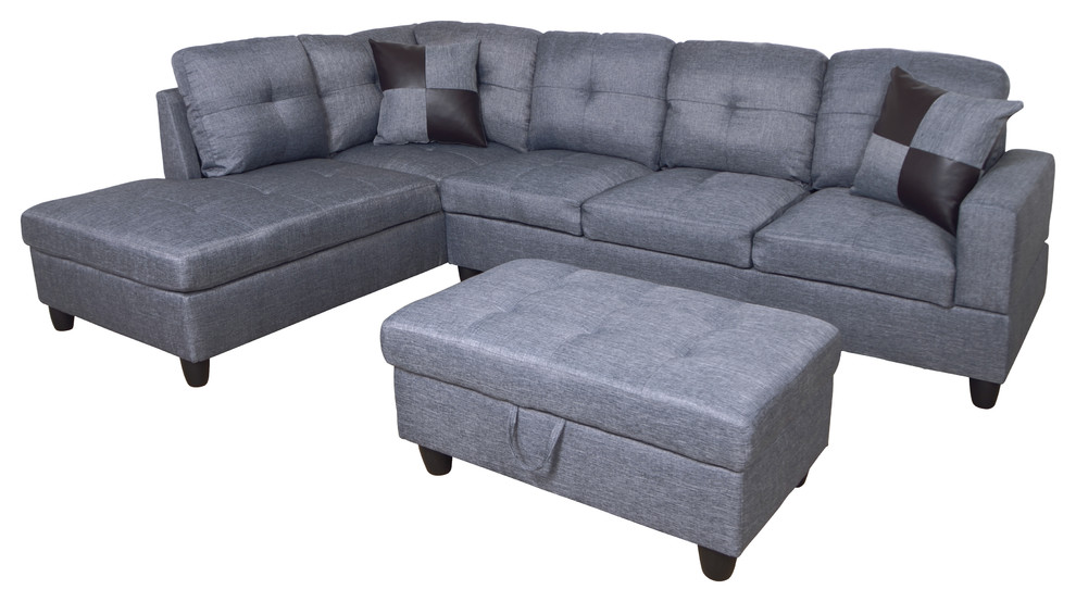Microfiber L Shape Sectional Sofa With, L Shape Faux Leather Sofa Set W Ottoman Bench