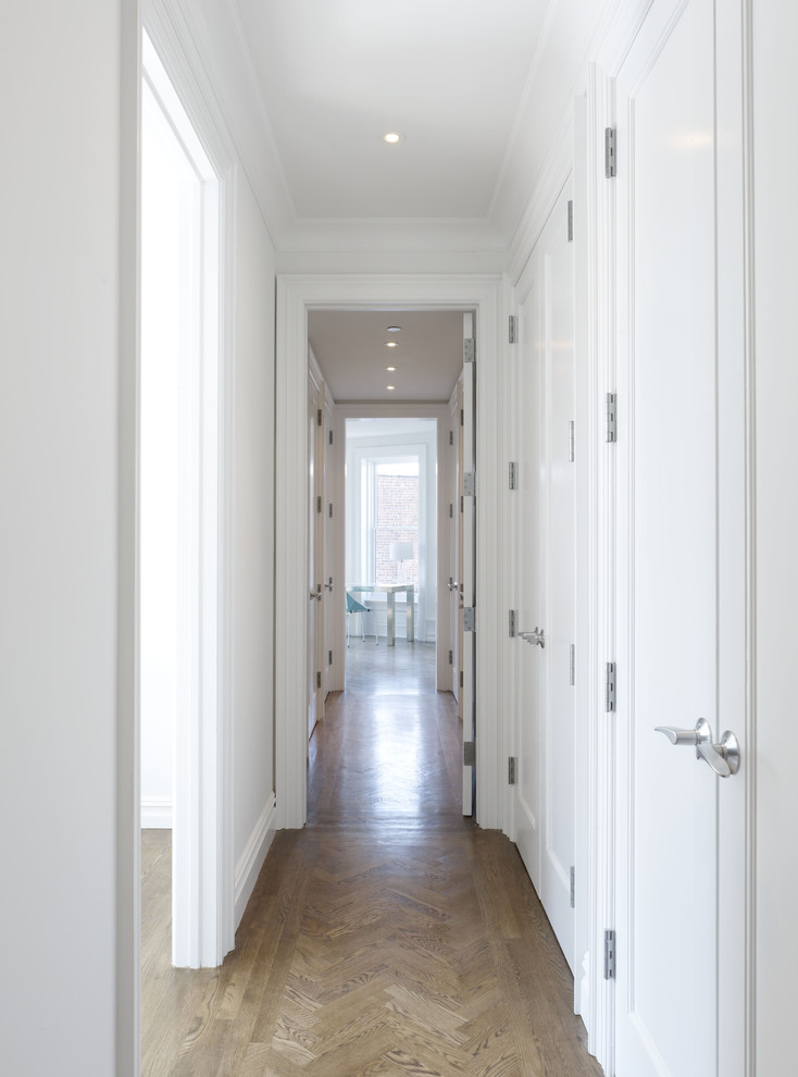 Small contemporary hallway in New York with white walls and light hardwood floors.