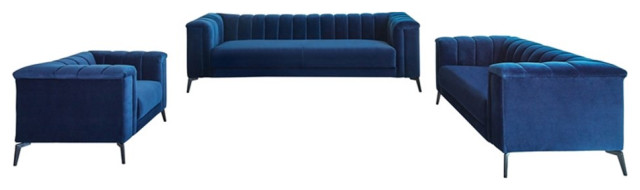 Coaster 3-Piece Contemporary Velvet Tuxedo Arm Sofa Set in Blue