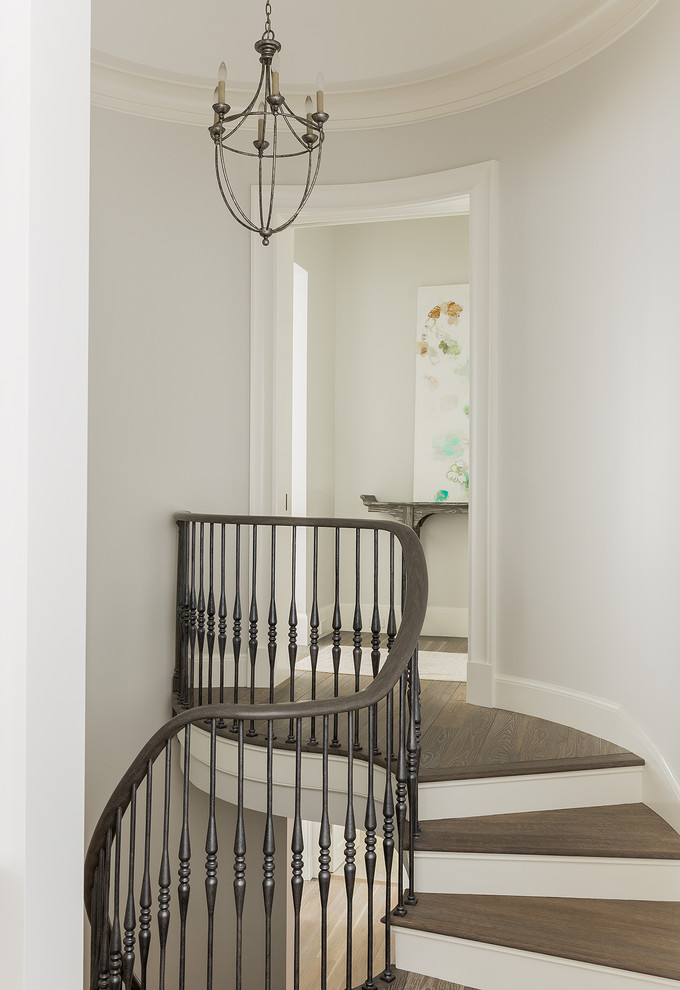 Design ideas for a large transitional wood spiral staircase in Boston with painted wood risers and metal railing.