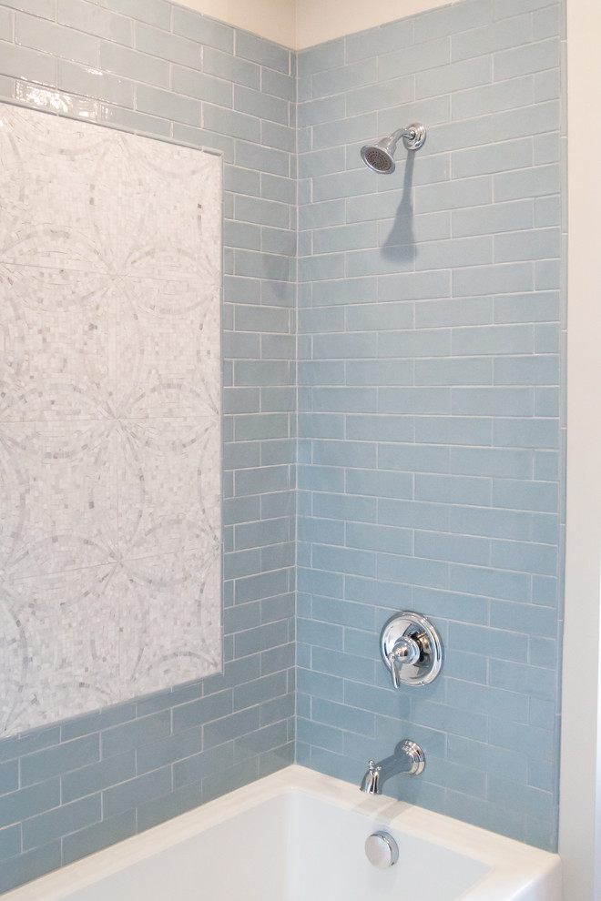 Mid-sized elegant kids' blue tile and ceramic tile bathroom photo in Salt Lake City with gray walls