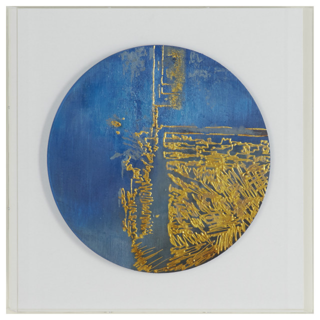 Large Contemporary Blue and Gold Abstract Art Shadow Box, 23.6" x 23.6
